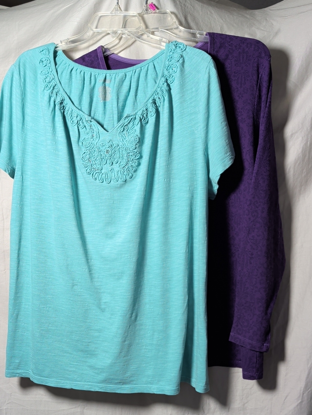 Bundle Joe Fresh Aqua Embroidered Short-Sleeve Top with Purple Layering Tee
